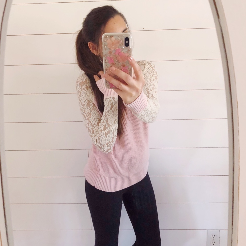 Pink and lace cozy sweater for fall. Lace sleeves.